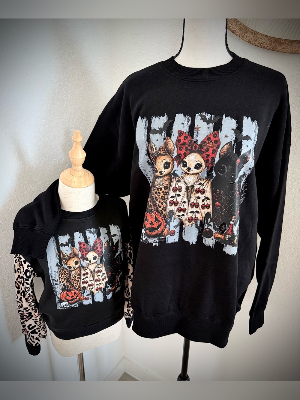 Mommy & Me Matching Black Halloween Bat Graphic Sweatshirt Set